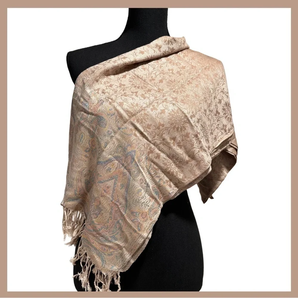 Elegant Shawl in Floral Cream on Cream - Versatile Wrap, Scarf, Veil Soft Rayon